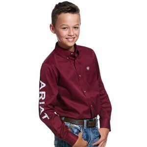 Boys Ariat Long Sleeve Button Down Shirt Burgundy ARIAT Logo Size 14 16
